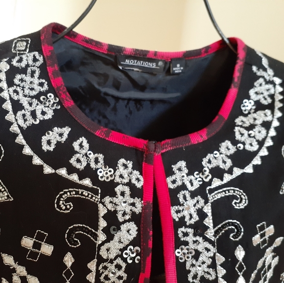 Notations Cotton Jacket Cardigan Silver Embroidery Beads Size S Black Red Artsy - Picture 5 of 17